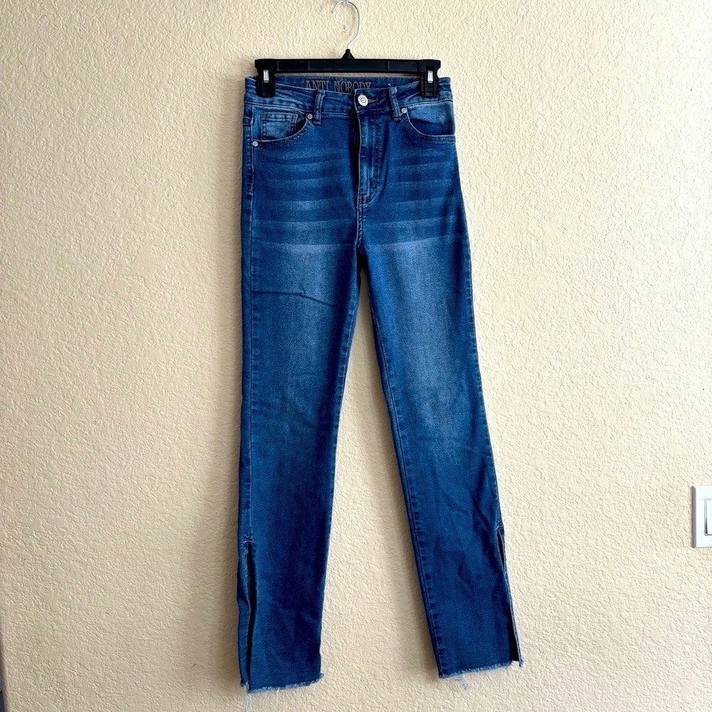 Anti Nobody Skinny Jeans Size 5/6 High Rise Raw Hem Side Slit Medium Wash